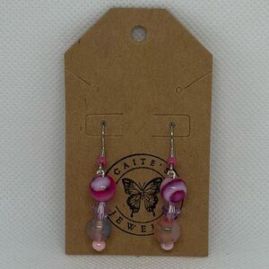 Handmade Silver Fishhook Earrings with Pink Agate and Purple Gemstone Beads